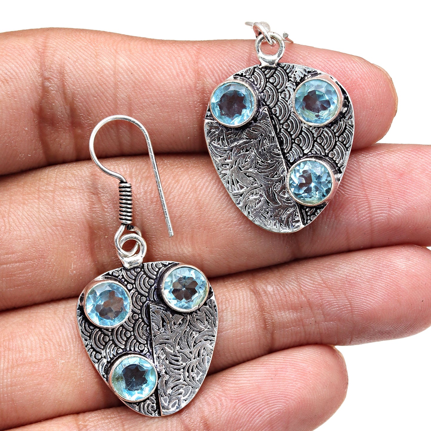 Swiss blue quartz multi stone earring In 925 Silver