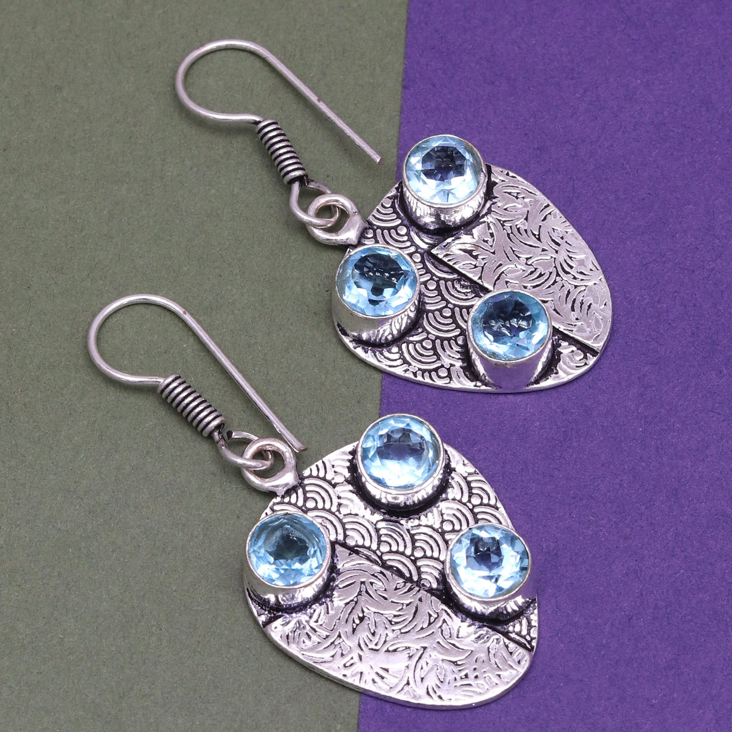 Swiss blue quartz multi stone earring In 925 Silver