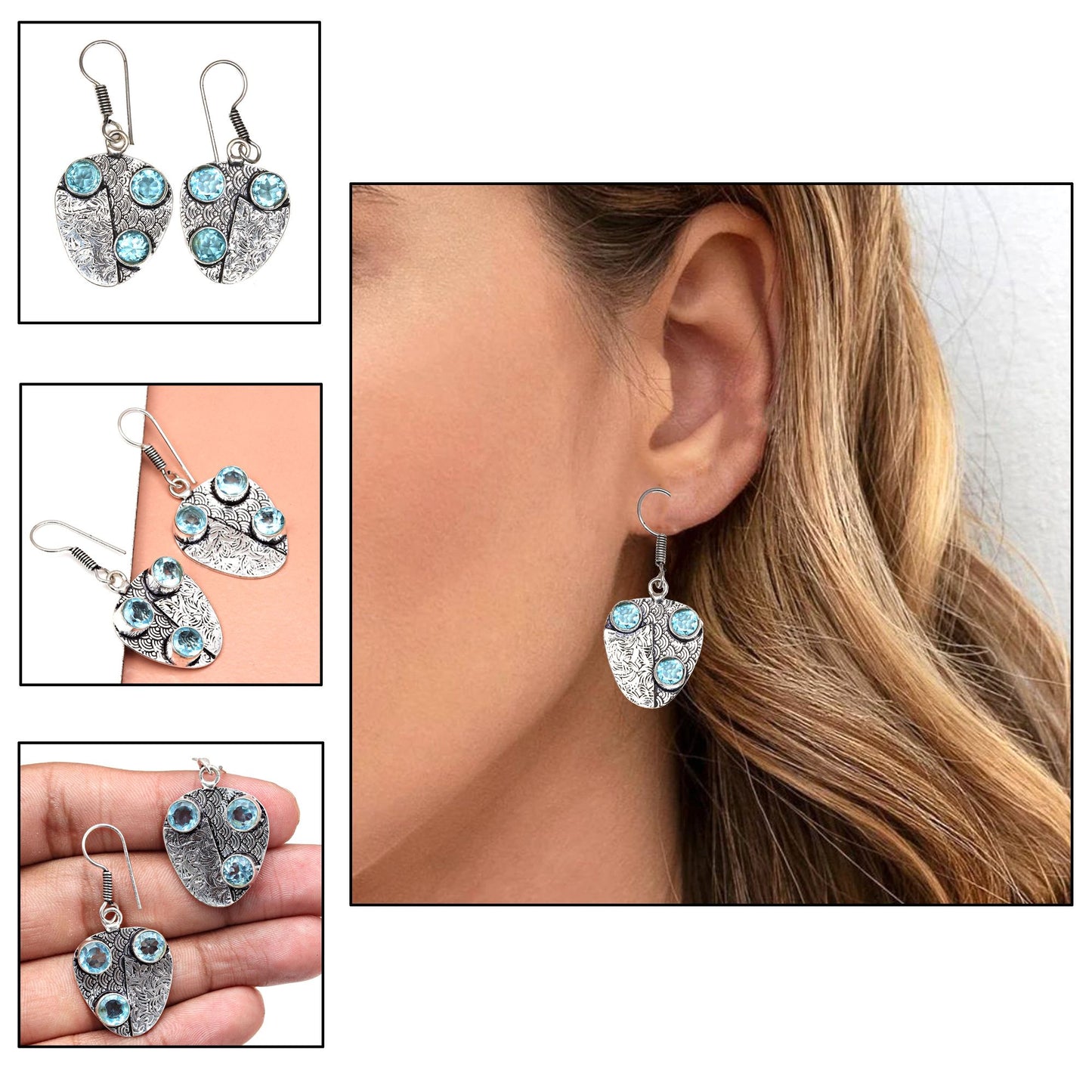 Swiss blue quartz multi stone earring In 925 Silver