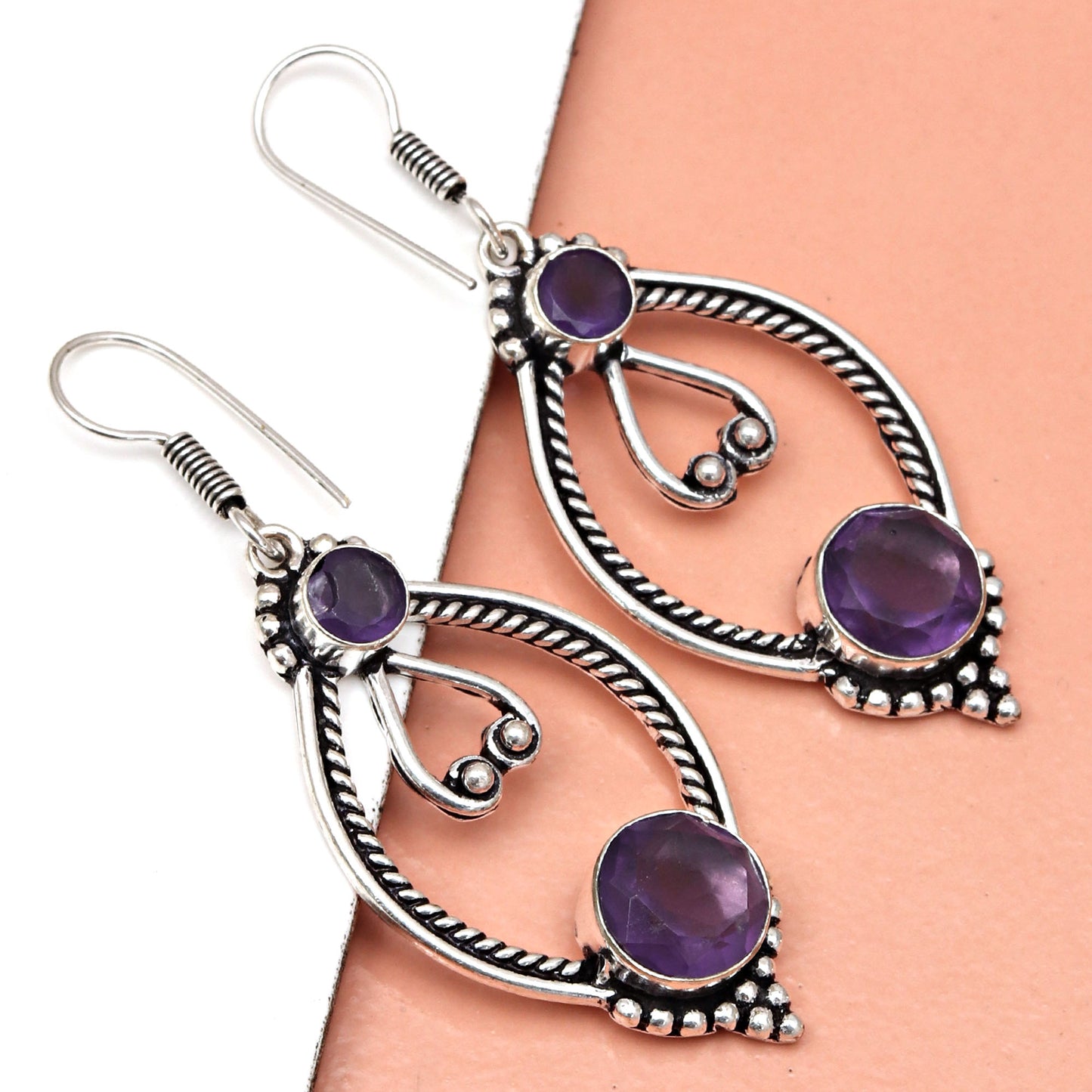 Amethyst Gemstone Silver Earrings For Women & Girls