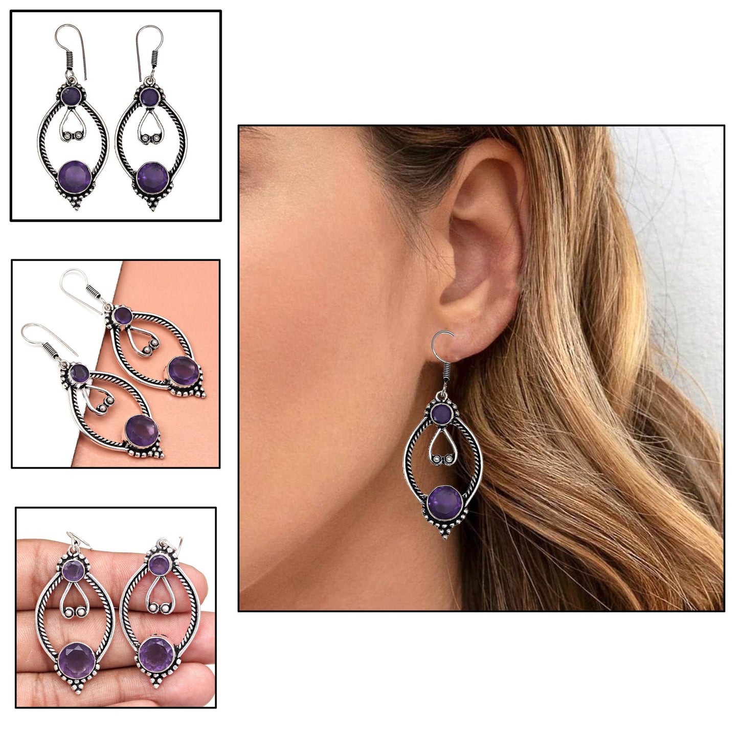 Amethyst Gemstone Silver Earrings For Women & Girls