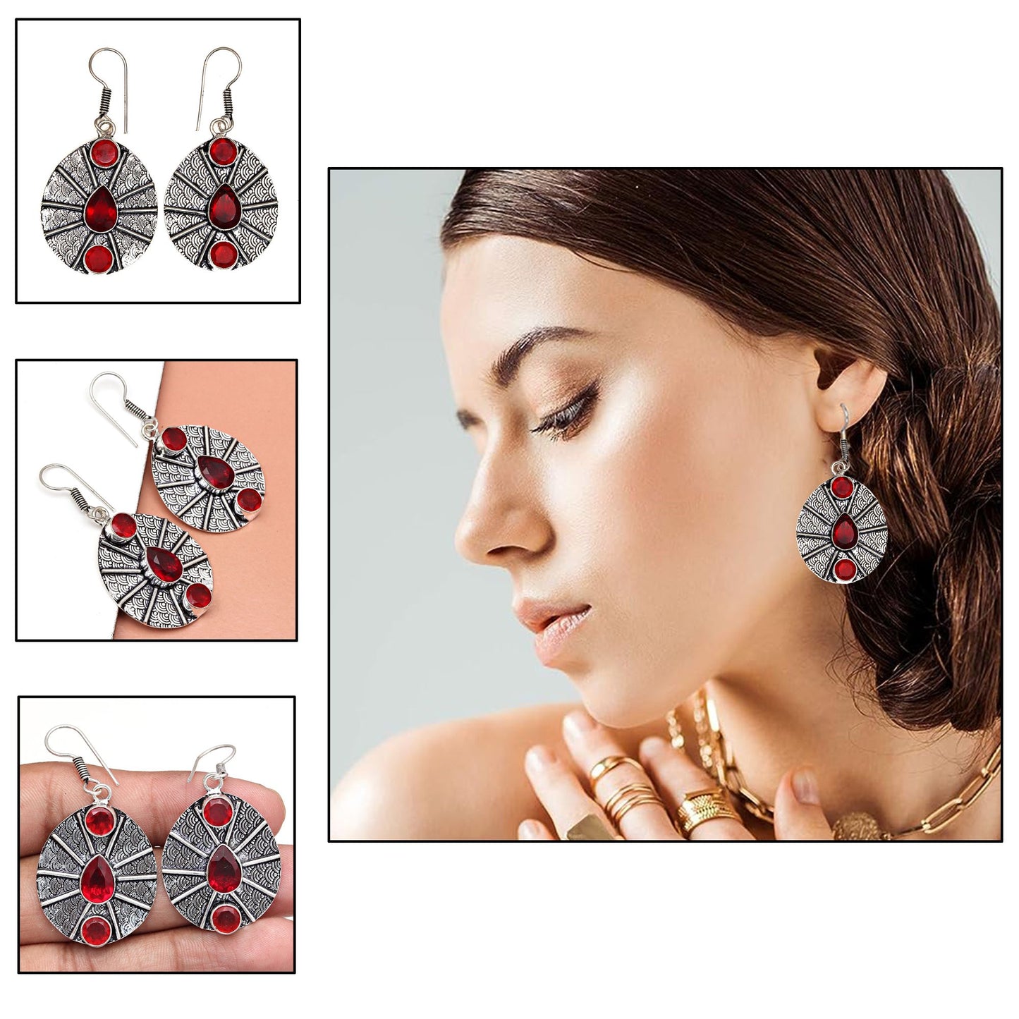 Classic Garnet Silver Stud Earrings For Special Occasions.