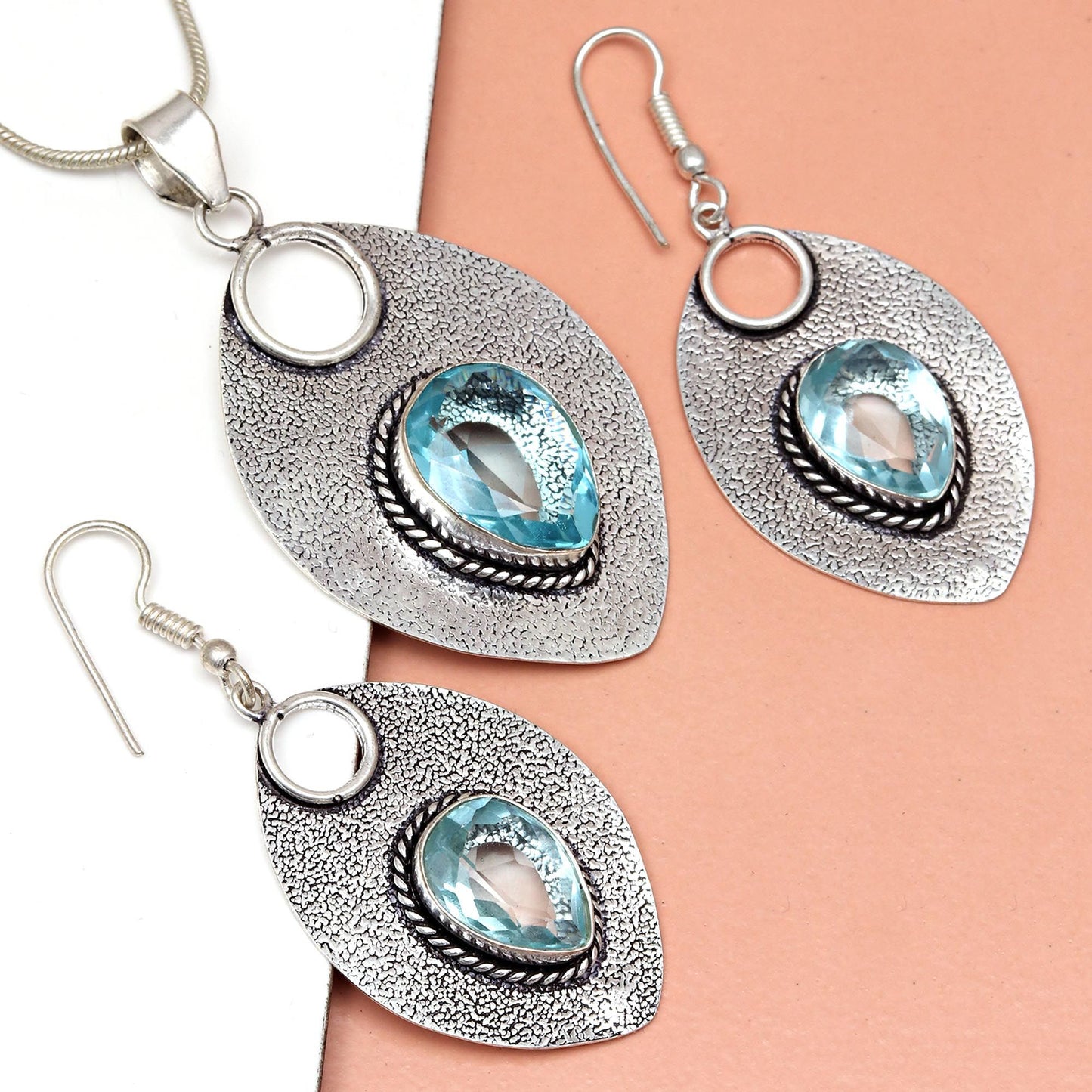 Topaz Blue Pendant Sky Earrings Set Silver Sterling Jewelry 925 Ring Earring