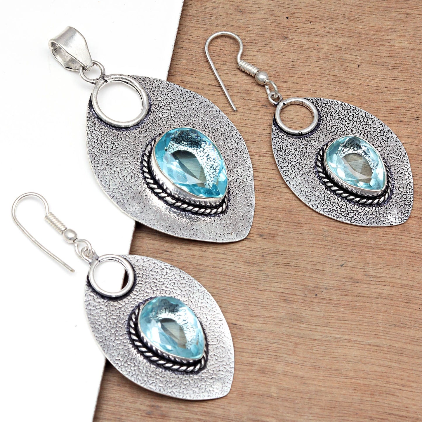 Topaz Blue Pendant Sky Earrings Set Silver Sterling Jewelry 925 Ring Earring