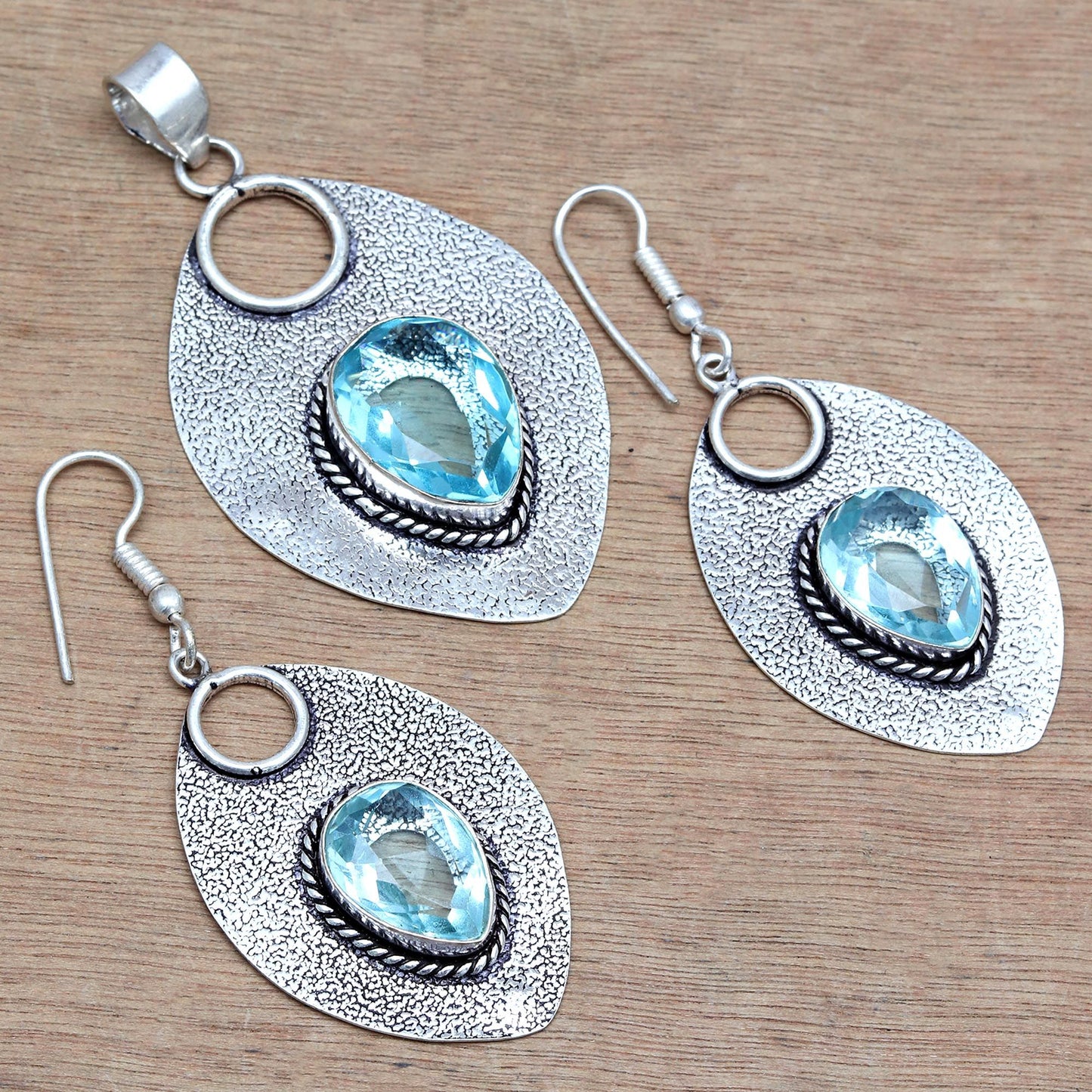 Topaz Blue Pendant Sky Earrings Set Silver Sterling Jewelry 925 Ring Earring