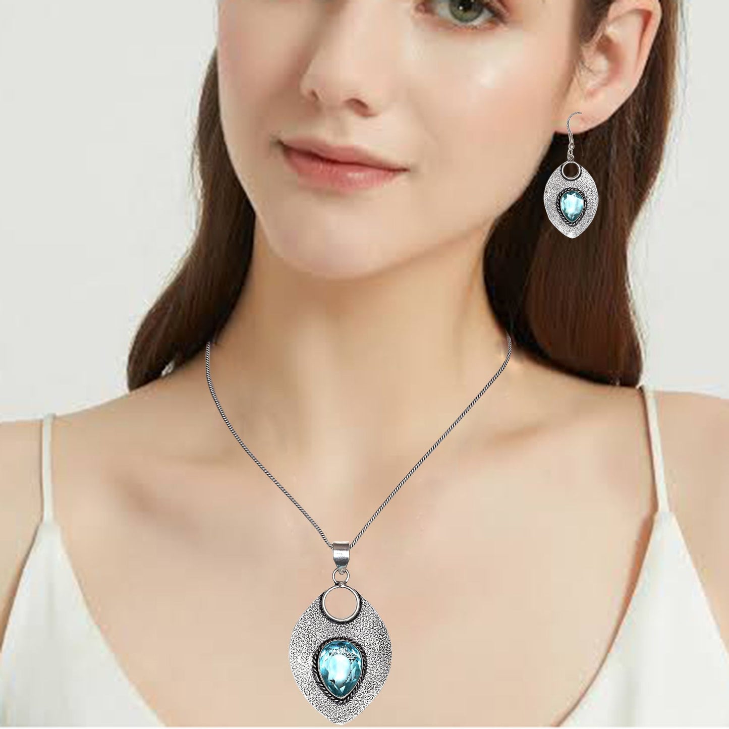 Topaz Blue Pendant Sky Earrings Set Silver Sterling Jewelry 925 Ring Earring