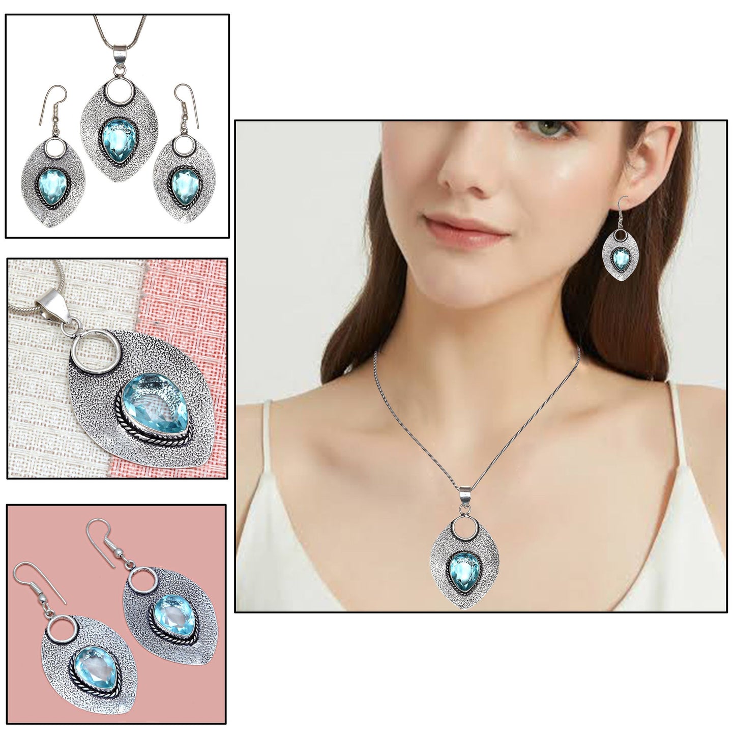 Topaz Blue Pendant Sky Earrings Set Silver Sterling Jewelry 925 Ring Earring