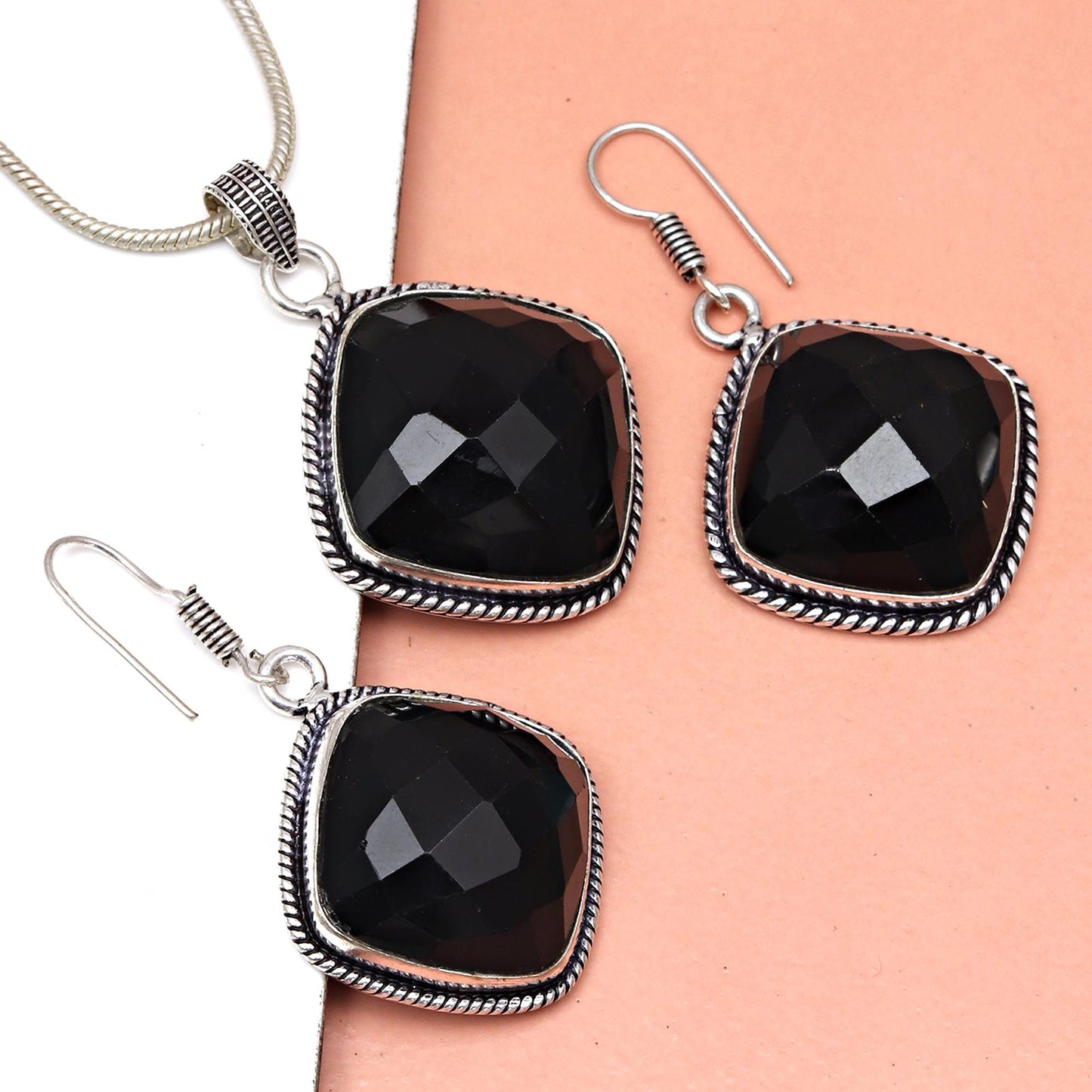 Black Spinal Silver Pendant With Earring Set Gemstone Jewelry 925 Handicraft Valentine'Day Gold