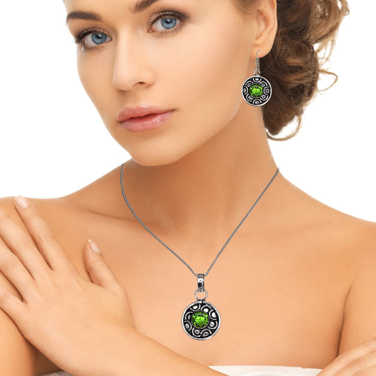 Peridot Silver 925 Gemstone Pendant Jewelry Set Quartz Necklace 18-20''