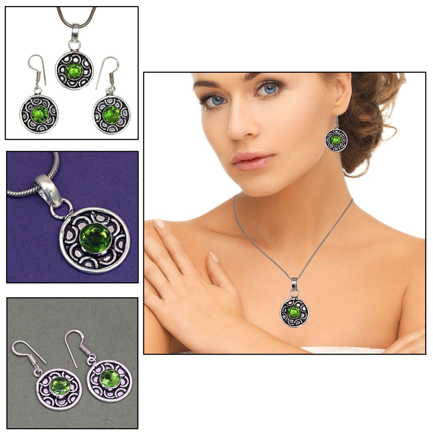 Peridot Silver 925 Gemstone Pendant Jewelry Set Quartz Necklace 18-20''