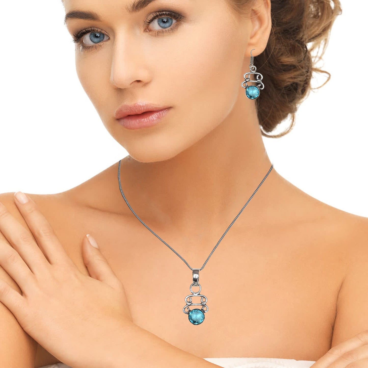 Blue Topaz London Necklace With Earrings Set Sterling 925 Earring Gemstone Gold Stud