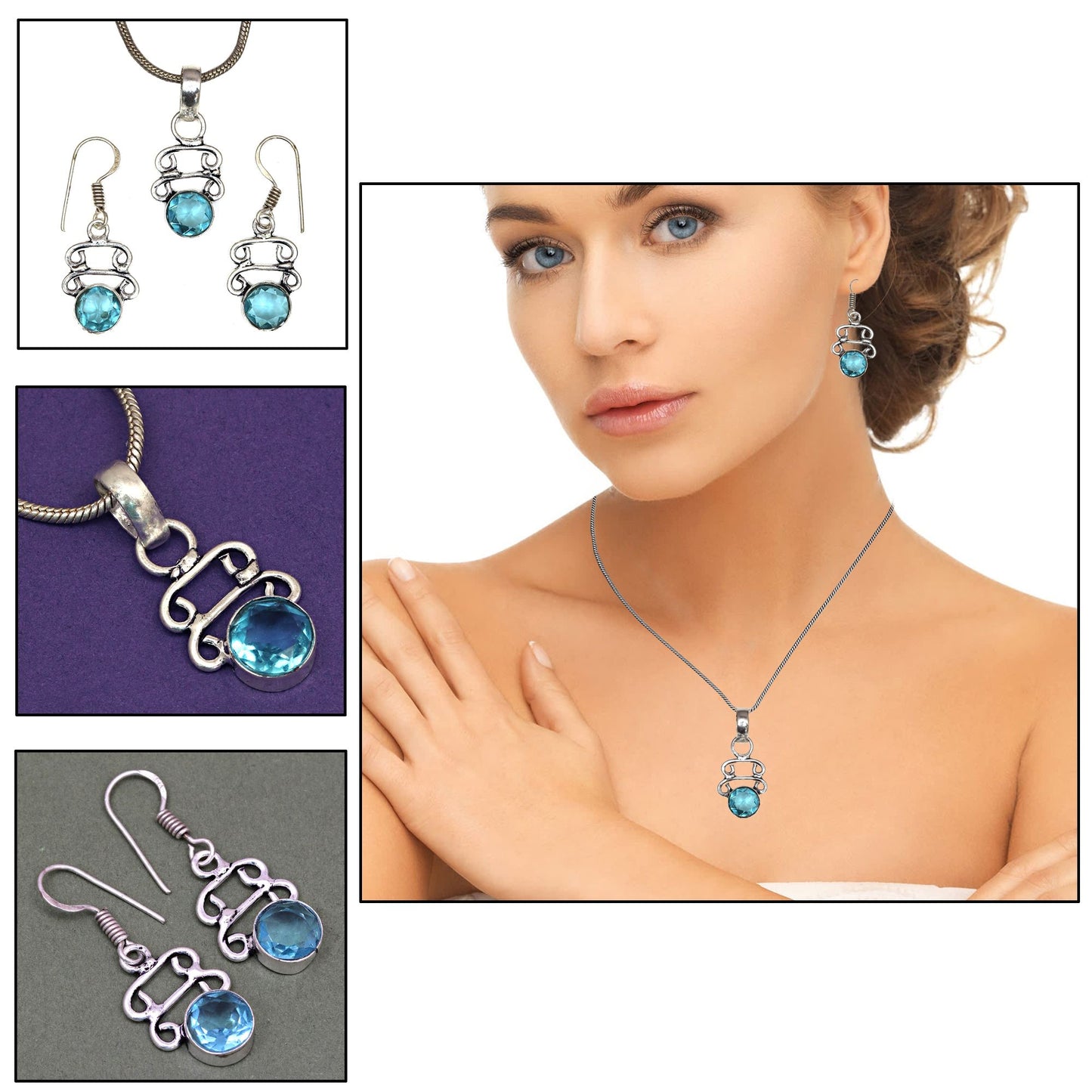 Blue Topaz London Necklace With Earrings Set Sterling 925 Earring Gemstone Gold Stud