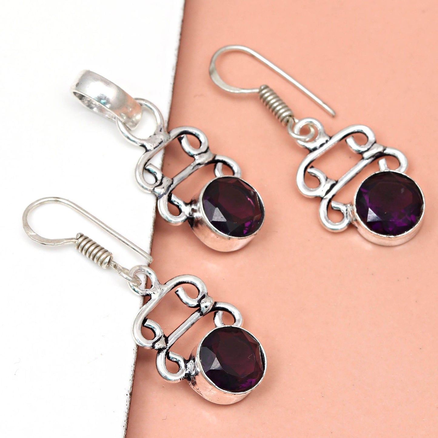 Set Amethyst Pendant Earrings Silver 925 Earring Necklace Sterling Silver