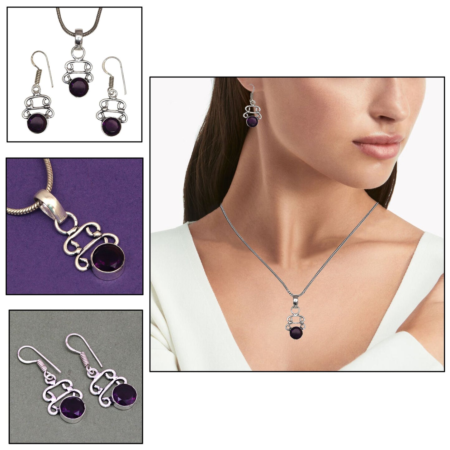 Set Amethyst Pendant Earrings Silver 925 Earring Necklace Sterling Silver