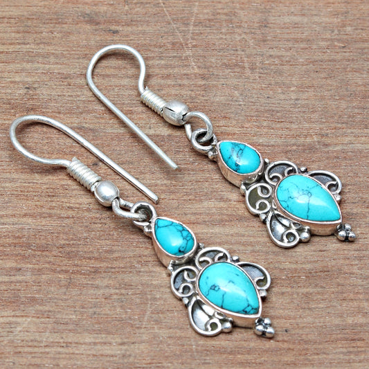 Pretty Attractive Turquoise Handmade Drop Dangle Stud Earring In 925 Sterling Silver Jewelry For Wedding & Anniversary