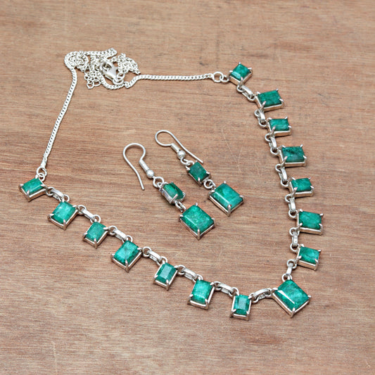 Emerald Gemstone Precious Necklace With Earring Handmade Necklace Set Gift For Girlfriend Gift For Her 925 Sterling Silver Jewelry Necklace