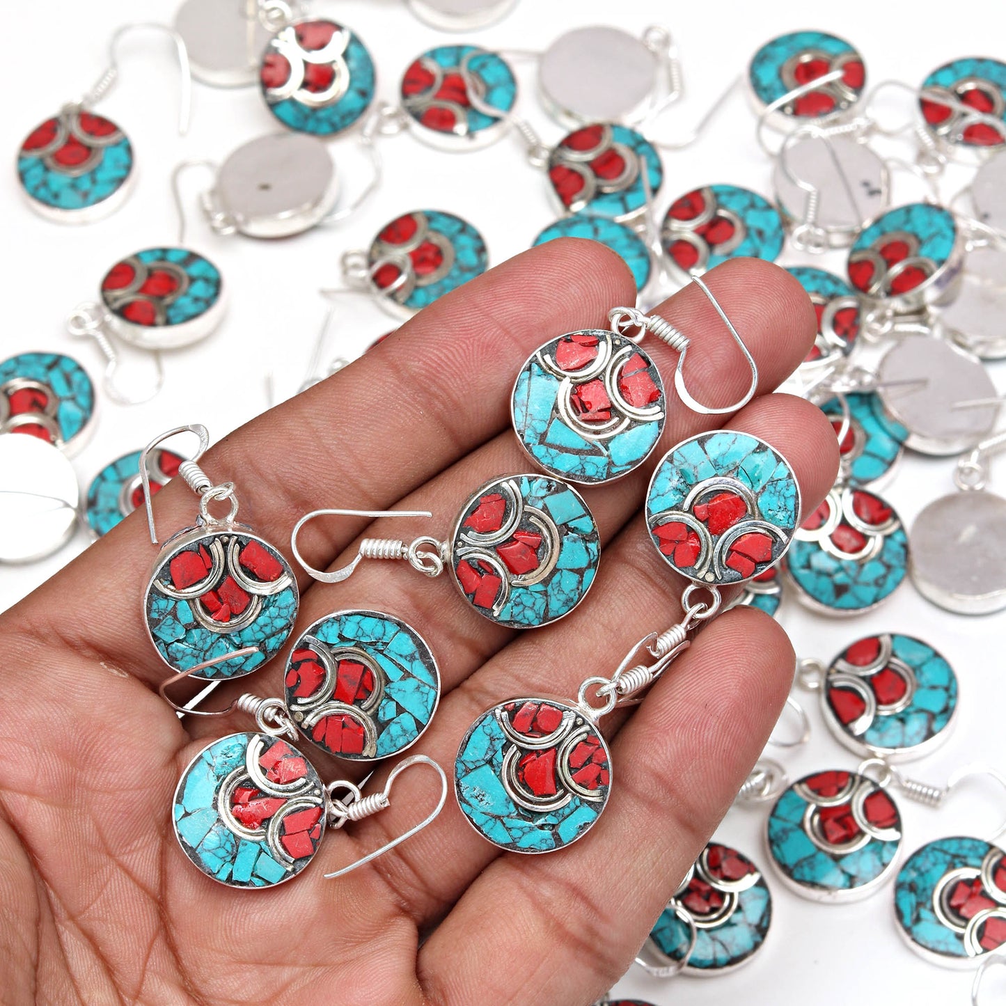 Nepali Jewelry Hnadmade 925 Sterling Silver Jewelry Gift For Her Natural Red Coral & Blue Tibetan Turquoise Earring