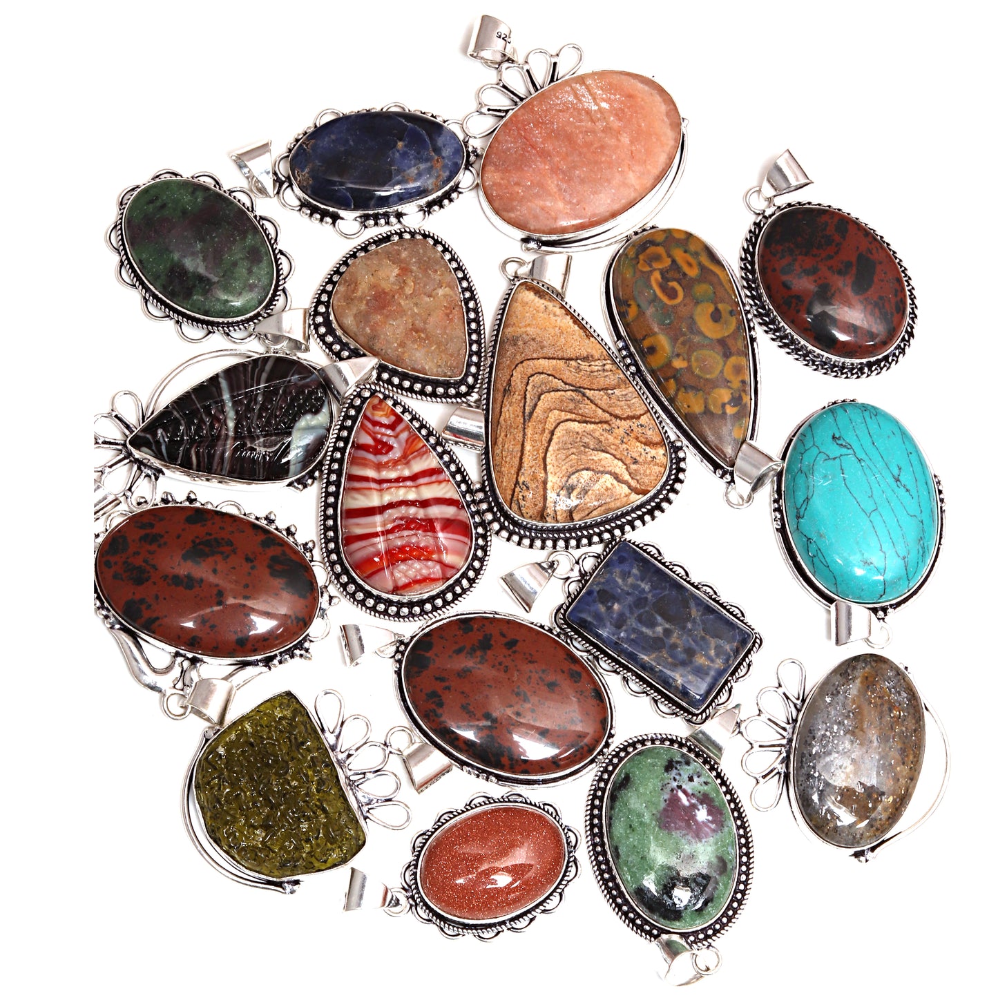 20 Pcs Lot 925 Sterling Silver Mix Gemstone Lot Pendant , Mix Designs For Men's & Women's Silver Jewelry Necklace