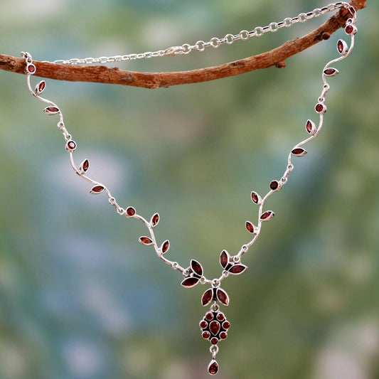 Floral Jewellery In 925 Sterling Silver and Garnet Necklace For Wedding & Anniversary