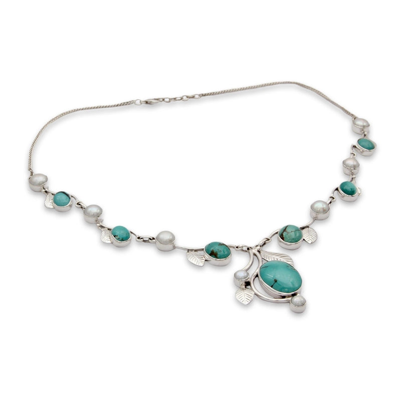 Leaf Motif Cultured Pearl and Calcite Necklace In 925 Sterling Silver