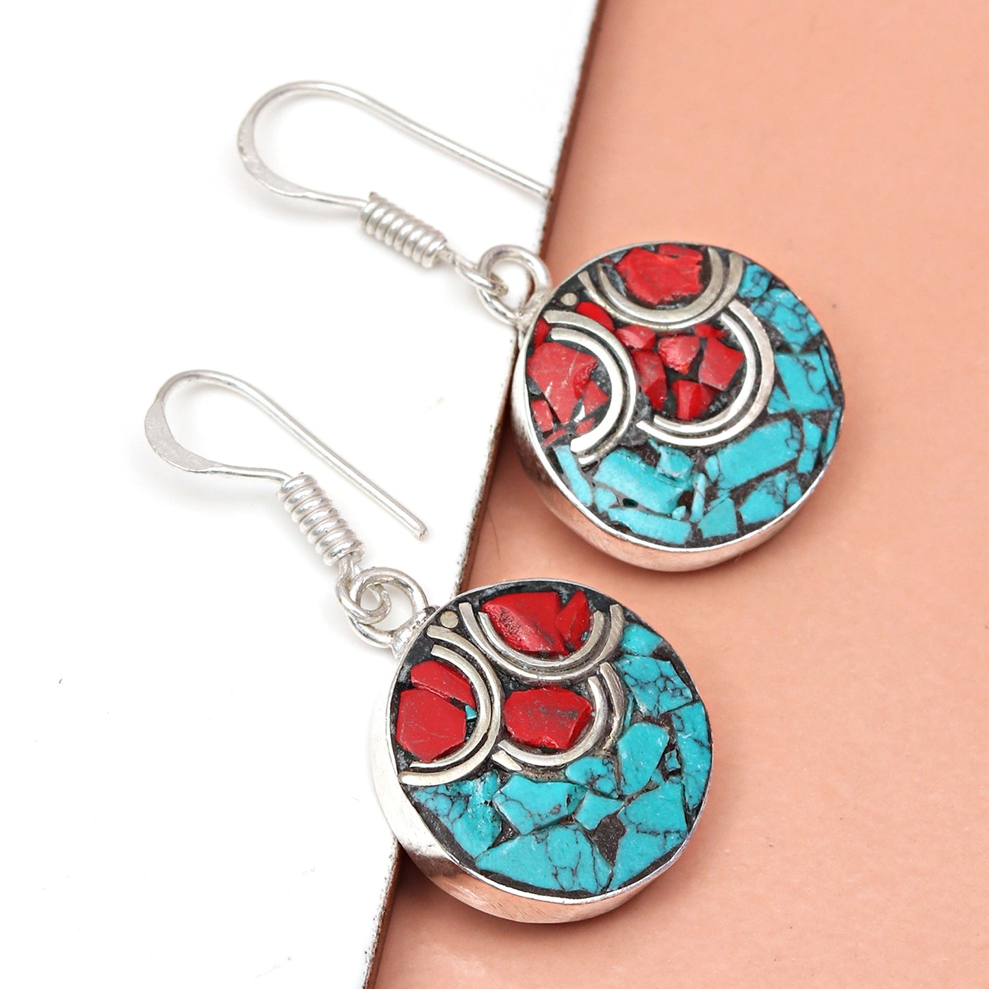 Nepali Jewelry Hnadmade 925 Sterling Silver Jewelry Gift For Her Natural Red Coral & Blue Tibetan Turquoise Earring