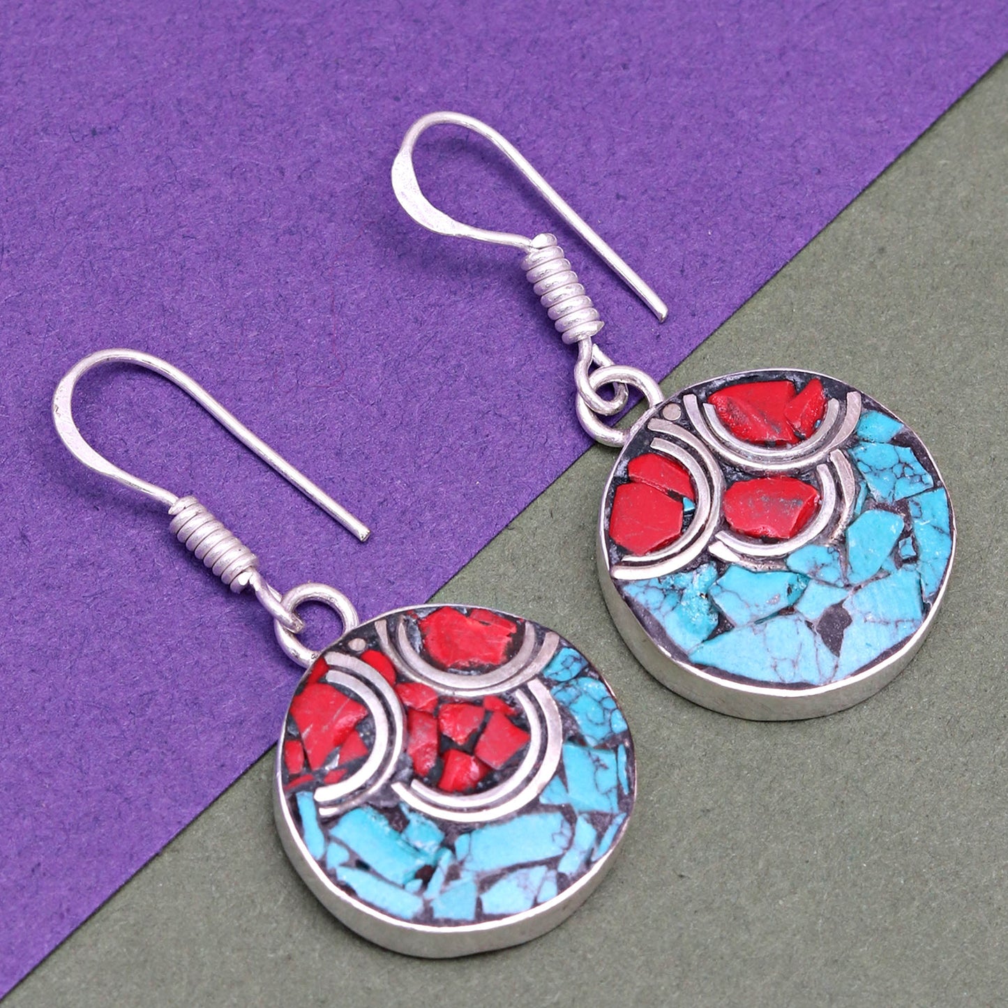 Nepali Jewelry Hnadmade 925 Sterling Silver Jewelry Gift For Her Natural Red Coral & Blue Tibetan Turquoise Earring