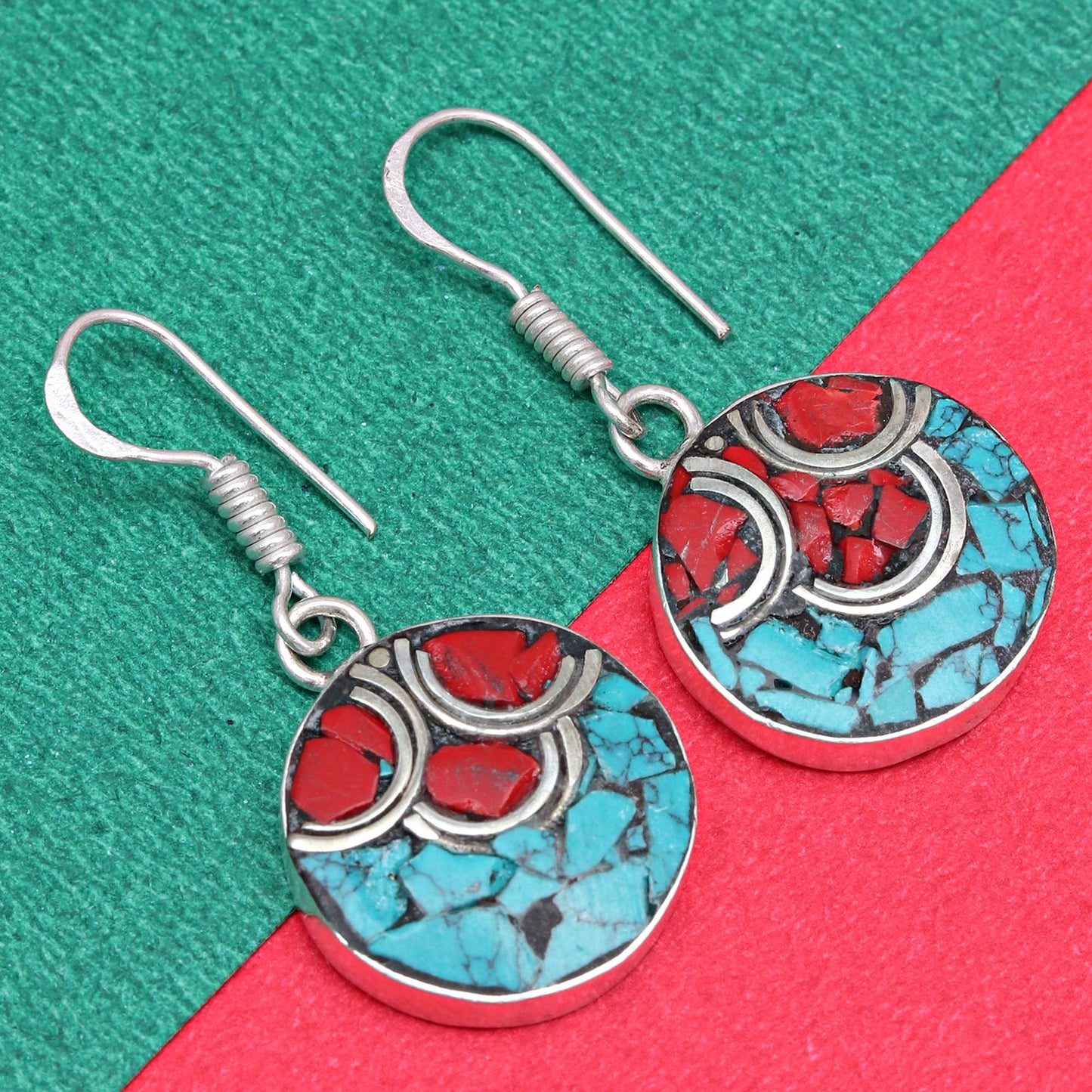 Nepali Jewelry Hnadmade 925 Sterling Silver Jewelry Gift For Her Natural Red Coral & Blue Tibetan Turquoise Earring