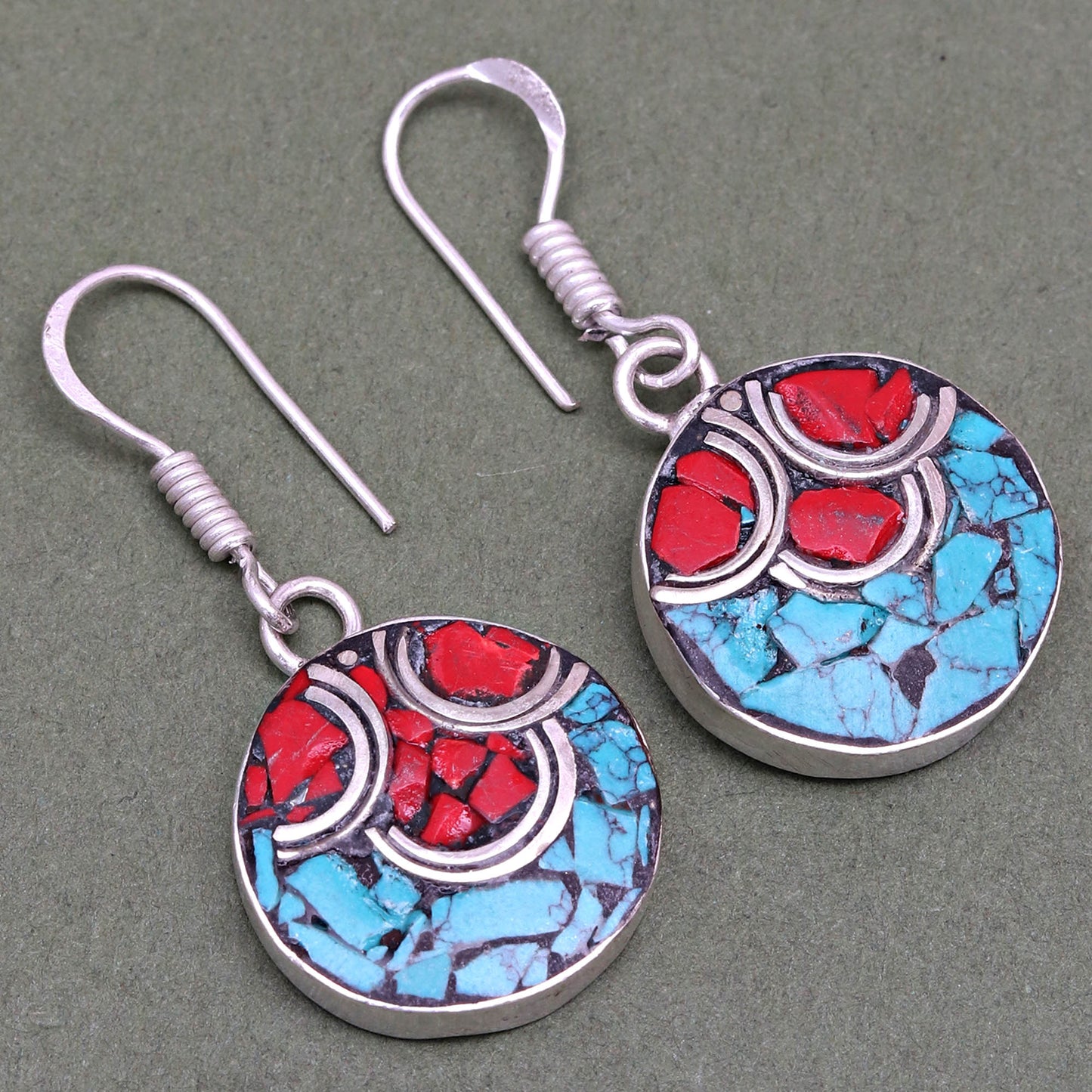 Nepali Jewelry Hnadmade 925 Sterling Silver Jewelry Gift For Her Natural Red Coral & Blue Tibetan Turquoise Earring