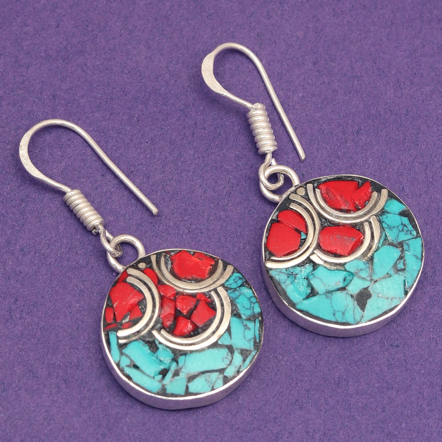 Nepali Jewelry Hnadmade 925 Sterling Silver Jewelry Gift For Her Natural Red Coral & Blue Tibetan Turquoise Earring