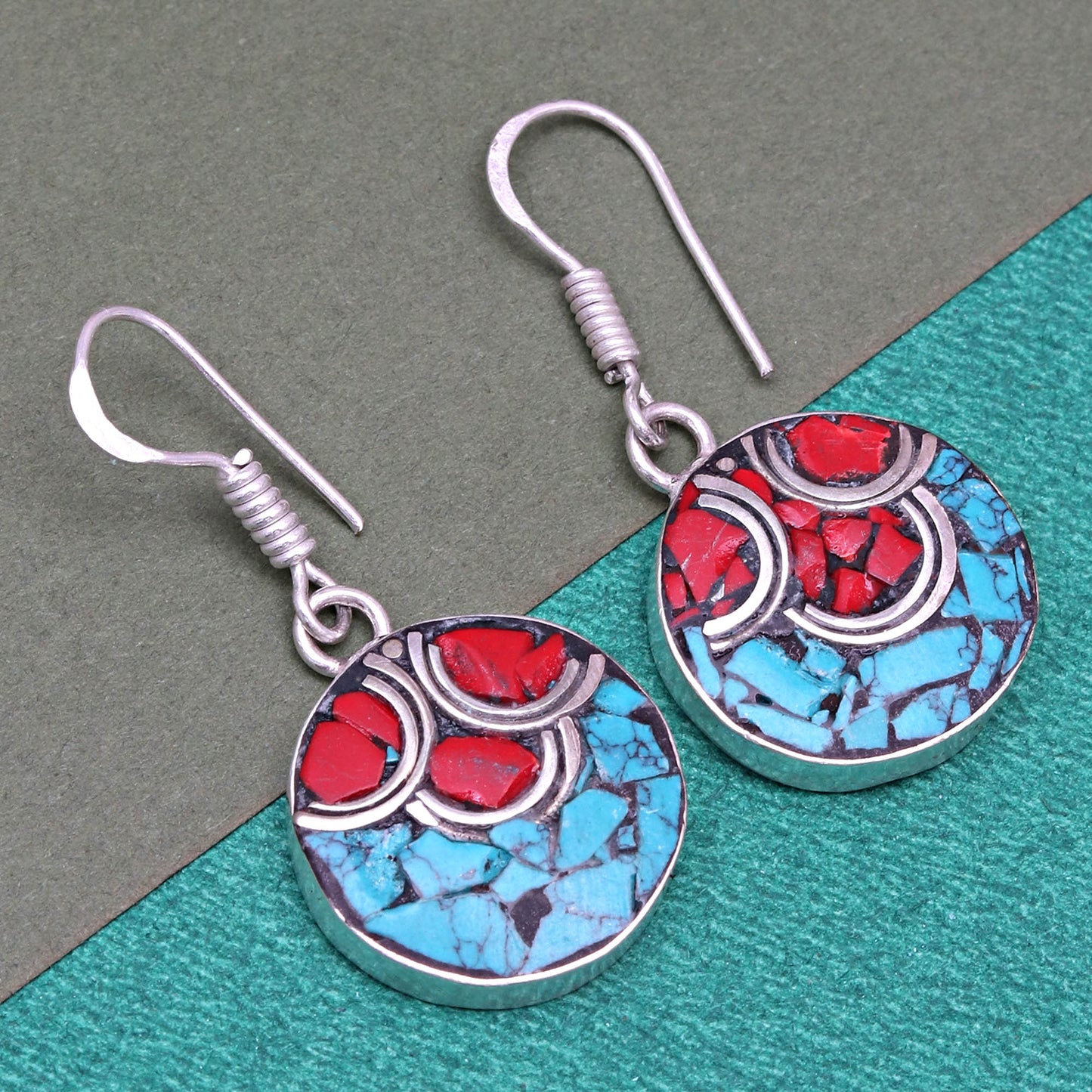 Nepali Jewelry Hnadmade 925 Sterling Silver Jewelry Gift For Her Natural Red Coral & Blue Tibetan Turquoise Earring