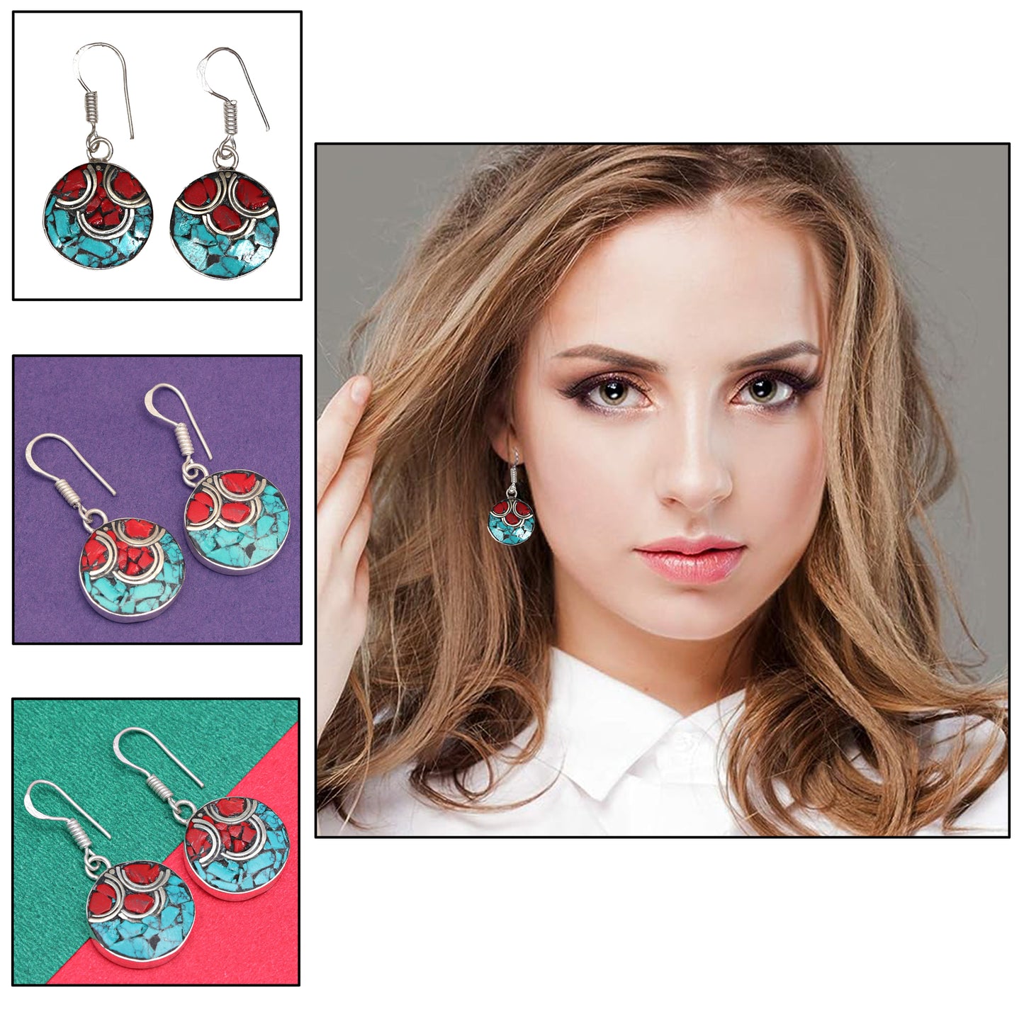 Nepali Jewelry Hnadmade 925 Sterling Silver Jewelry Gift For Her Natural Red Coral & Blue Tibetan Turquoise Earring