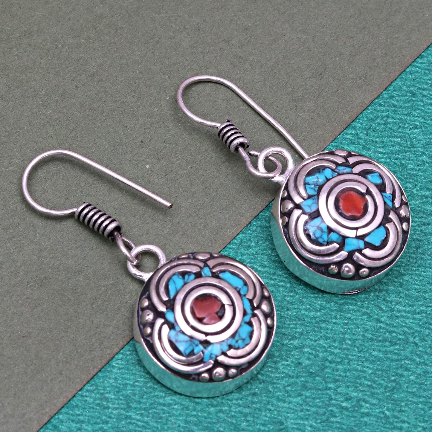 Added Nepali Jewelry Earrings For Women's Unisex, Handmade Earrings,Gift For Her , Red Coral , Tibetan Turquoise Jewelry Earrings